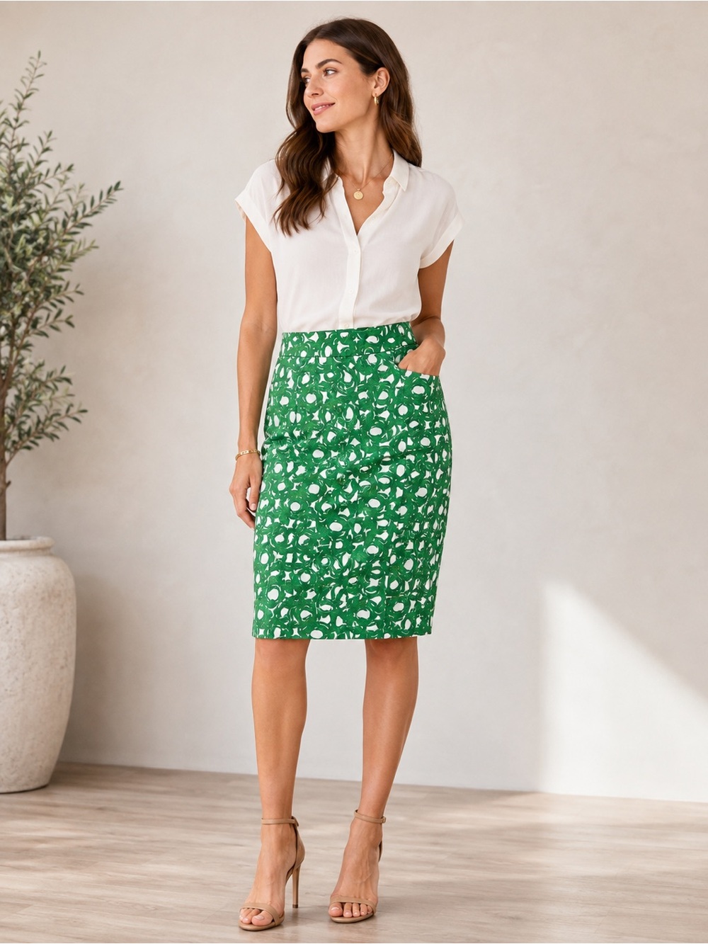 Boden Green Print Pencil Skirt 8R Cotton Linen Lined Pockets Side Zip